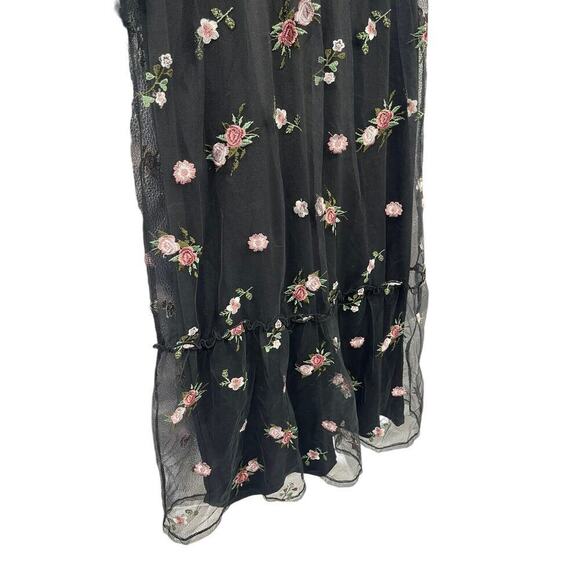 H&M Black Floral Appliqué Mesh Puff Sleeve Midi Dress Fairy Whismigoth Womens XS - Picture 5 of 8